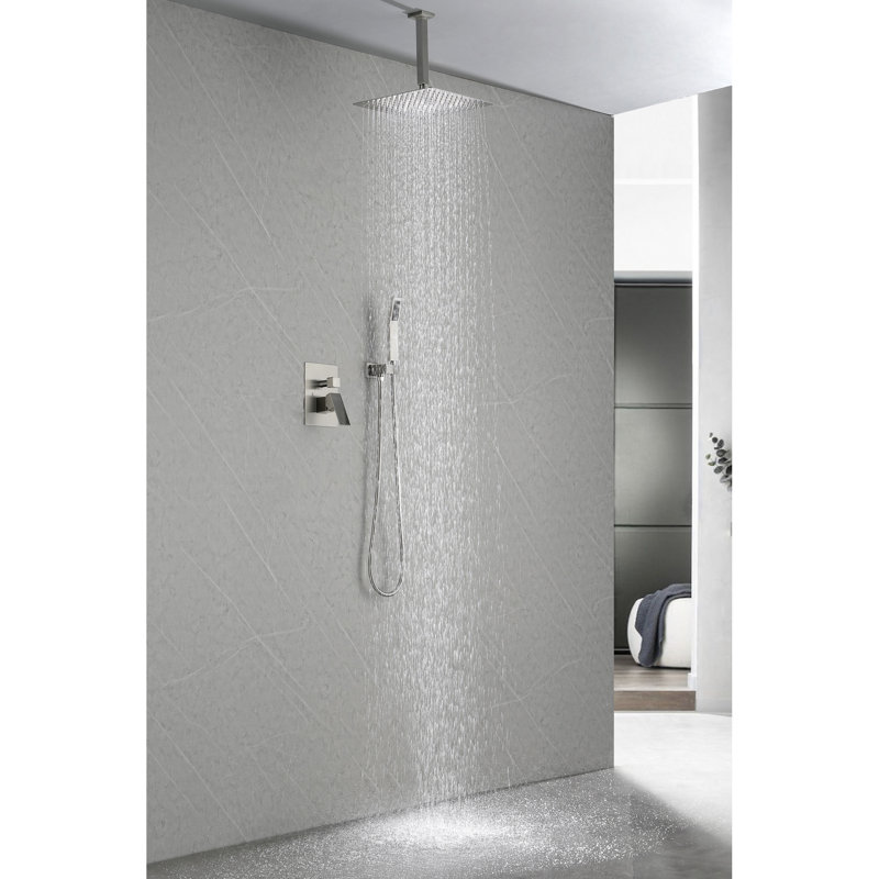 Pomme de douche 12 po à fixation murale, nickel brossé, laiton, profondeur 59 po, largeur 12 po, hauteur 60 po, matériau laiton 9,77 lb, P, l, H