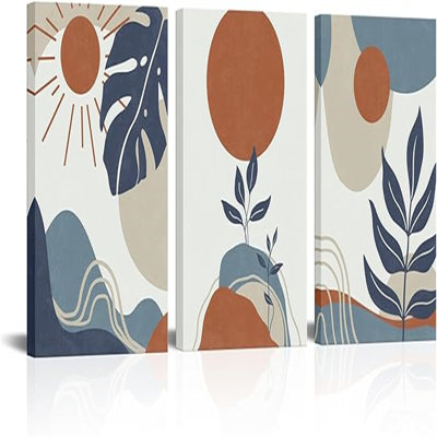 Ensemble de 3 reproductions d'art mural bohème de style Mid-Century moderne abstrait géométrique, encadré prêt à accrocher