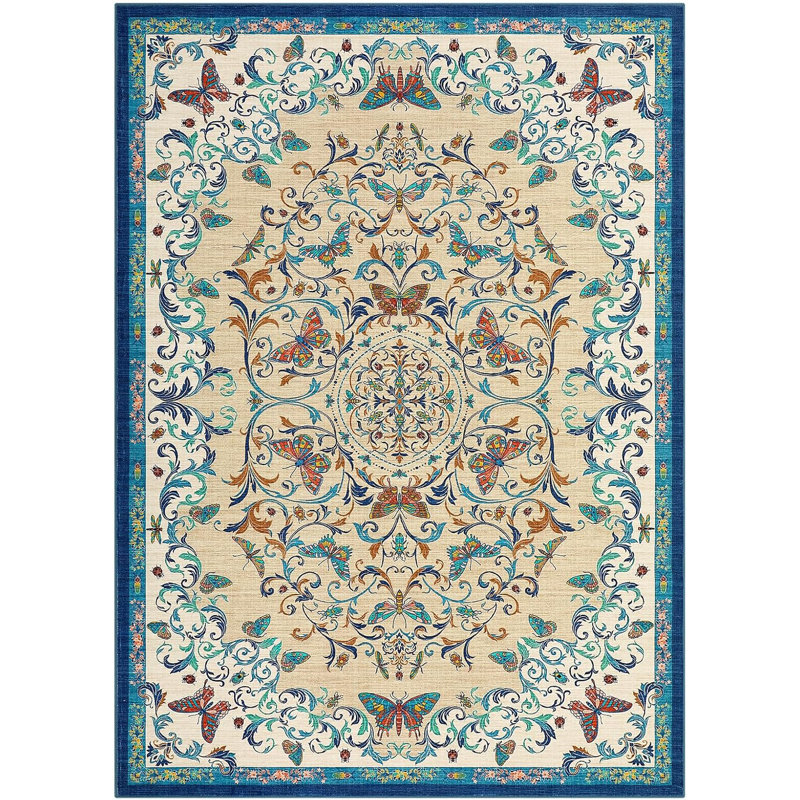 Tapis de ferme fleuri lavable 152 x 213 cm, antidérapant, profil bas et doux