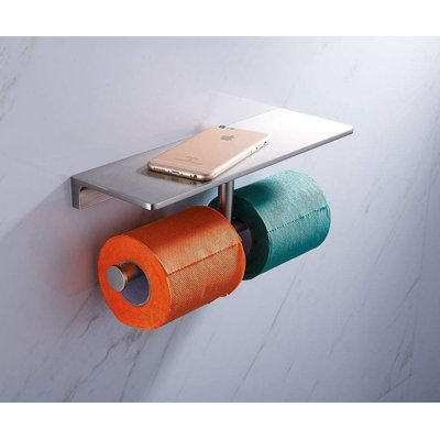 Double Toilet Paper Holder With Storage Shelf, Wall Mount Brushed Nickel Tissue Dispenser, Heavy-Duty Brass Construction For Bathroom And Hotel Use