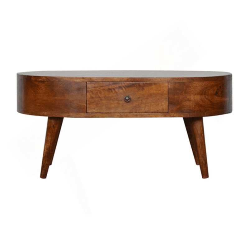Table basse ronde châtaignier, pieds nordiques, 2 tiroirs, brun
