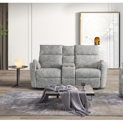 Elegant Upholstered Tweed Fabric Dual Power Recliner Loveseat Sofa With Cup Holder & Storage Console