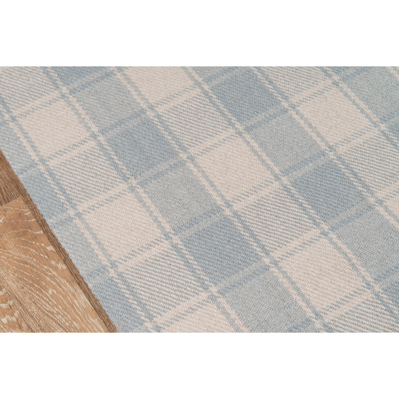Tapis bleu clair en laine tissé à la main Plaid, Tapis de couloir 2 pi 3 po x 8 pi