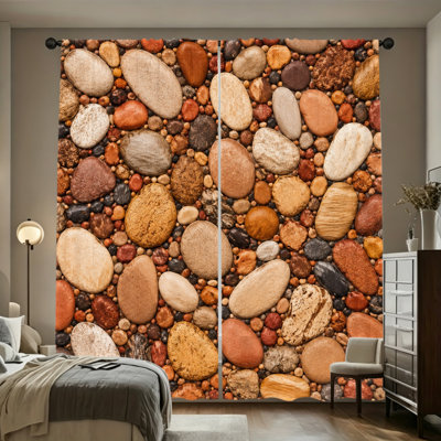 2PCS Rod Pocket Light Filtering Curtains, Natural River Stone Rustic Charm Printed Drapes, Warm Neutral Decor, All Season Window Treatments for Living Room Bedroom Study Home Decoration