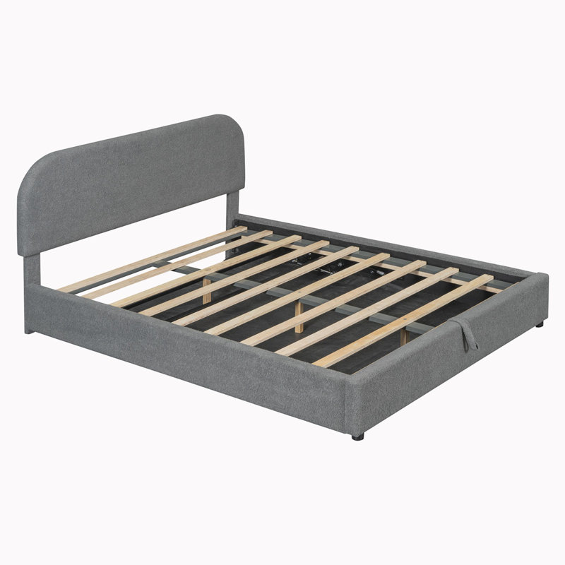 Lit plateforme à panneau de rangement tapissier, Gris, Grand
