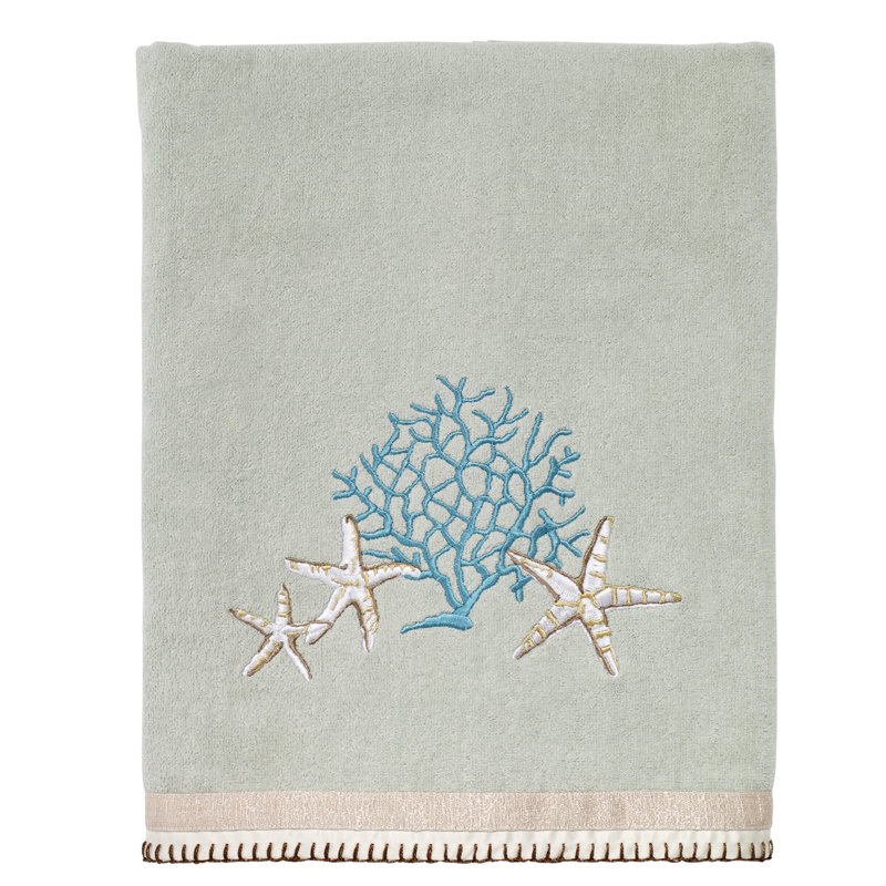 Seafoam Cotton Bath Towel with Starfish and Coral Embroidery