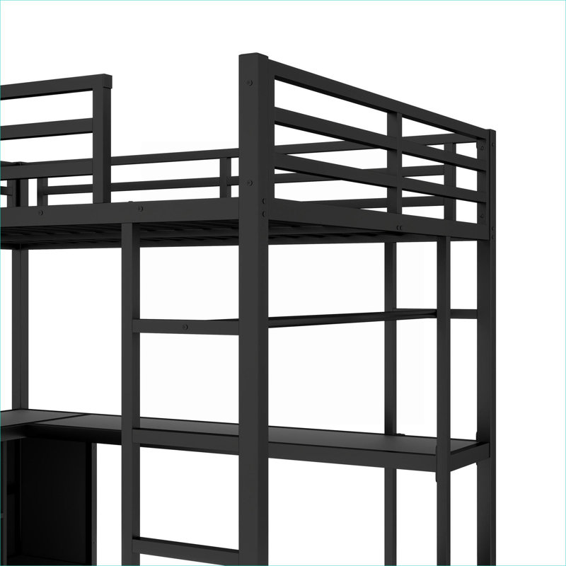 Structure de lit pour petits dortoirs et chambres à coucher, lit mezzanine intégré en métal pleine grandeur, noir de jais avec garde-robe et bureau en L