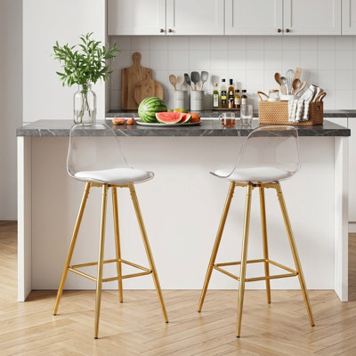 Breion Modern Set of 2 Transparent Bar Stools with Faux Leather Seat and Metal Legs