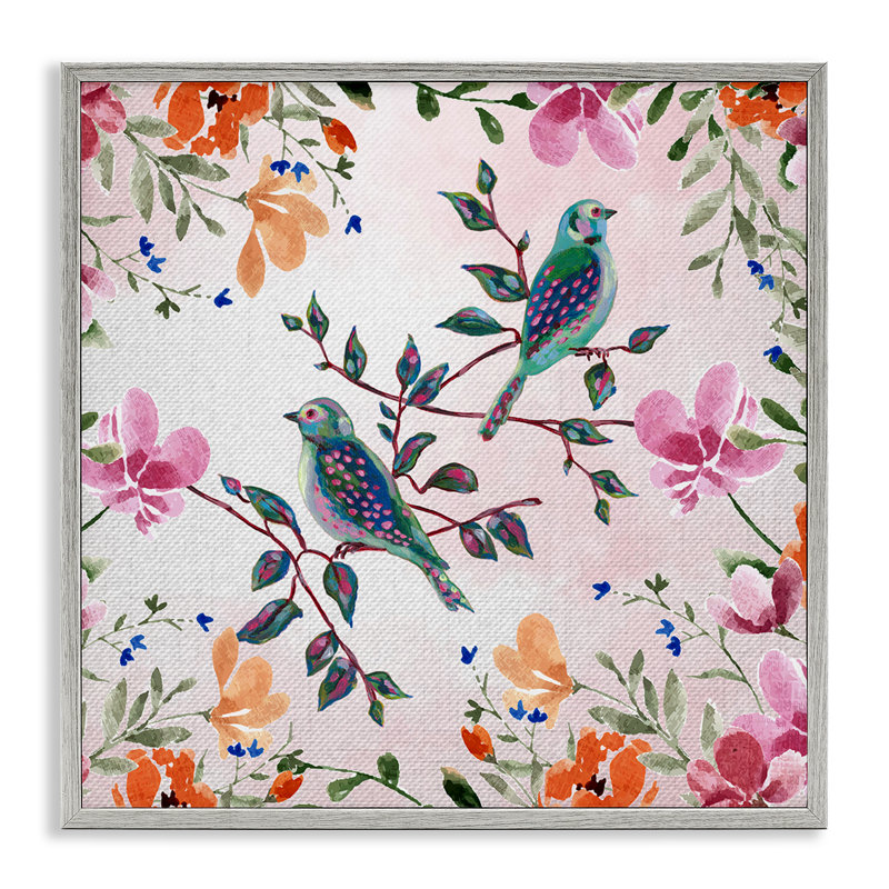Deux oiseaux et fleurs de campagne, estampe numérique, design par Adonna Ebrahimi, Estampe numérique Farmhouse