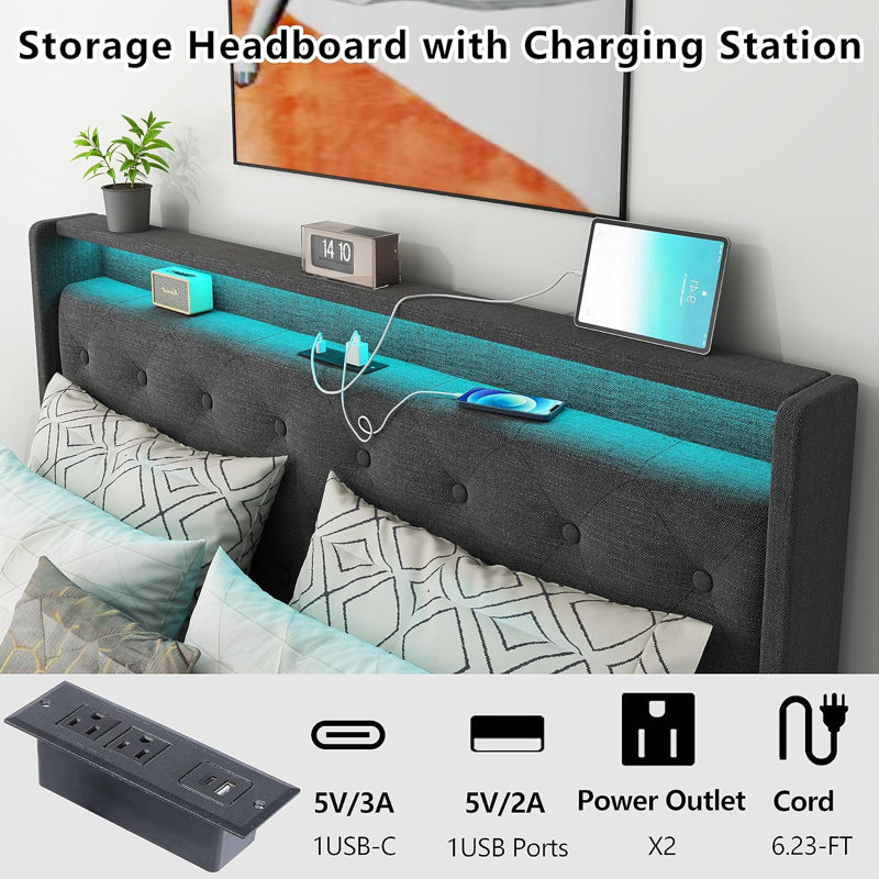 Dark Gray Queen Upholstered Hydraulic Storage Bed with LED Headboard