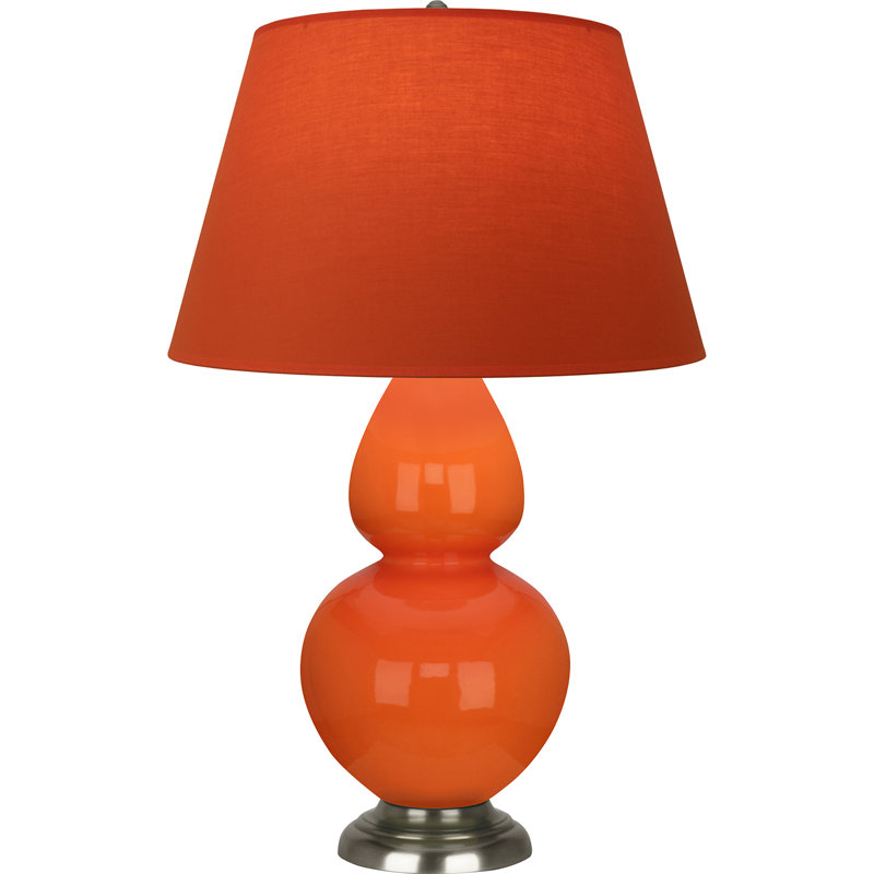 Lampe de table double gourde en céramique, Citrouille vernie / argent antique, Tangerine / doublure taupe, Argent argent