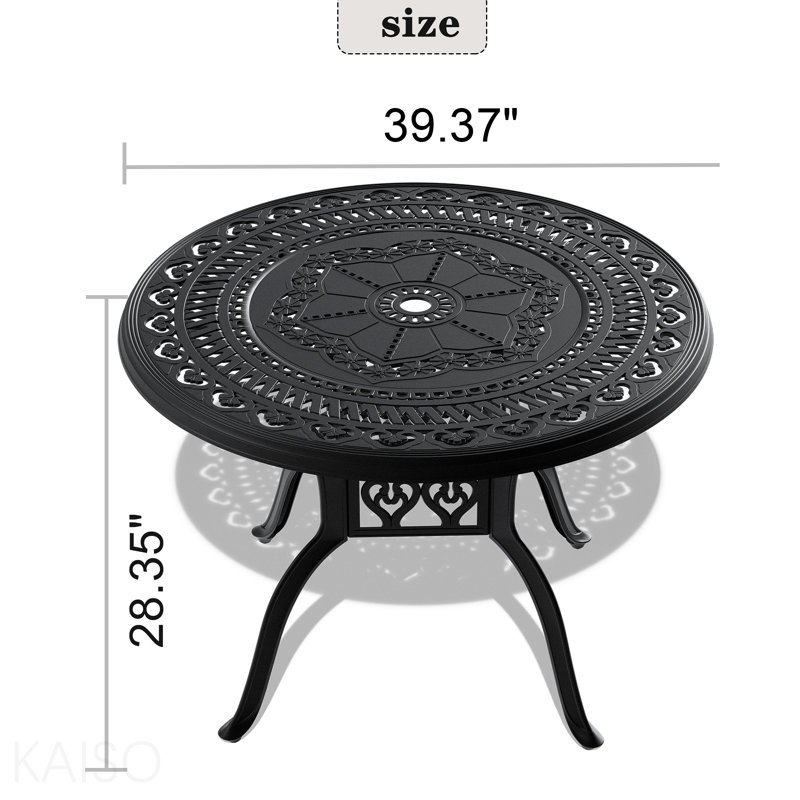 Table de salle à manger 39,37 pouces en fonte d'aluminium avec structure noire et trou pour parasol