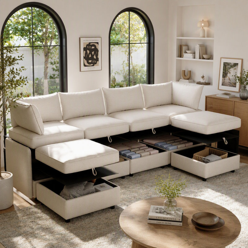 Ensemble canapé d'angle convertible et modulable avec rangement, combinaison de canapés en tissu flexible pour salon