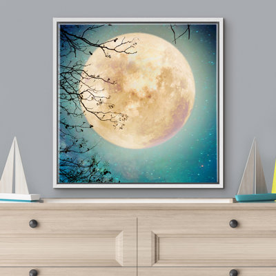 Signe, reproduction d'art sur toile encadrée, branches d'arbres, cadre jaune pleine lune, astronomie et espace, art numérique, art moderne, rustique, coloré, pour le salon