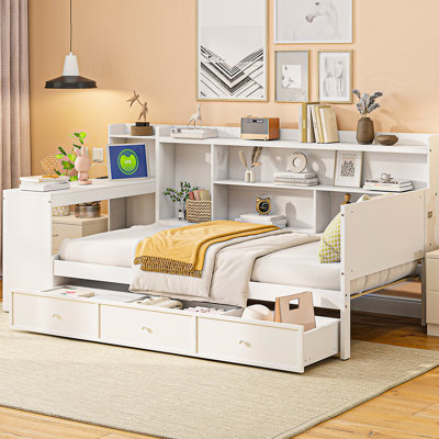 Lit de jour simple avec 3 tiroirs, bureau et ports en blanc - Bois élégant et tiroirs en pin pour une bonne nuit de sommeil