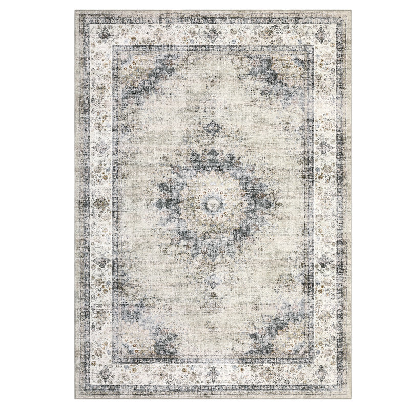 Machine Washable Rugs Oriental Floral Non-Slip Low Pile Rubber Backing Area Rug for Living Room Bedroom Kitchen Dining Room