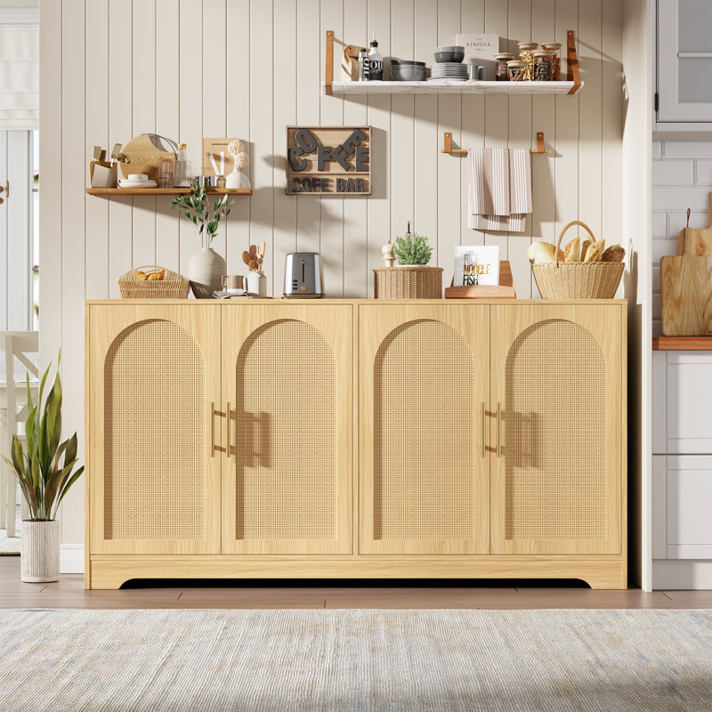 59" Rattan Sideboard Buffet Cabinet - Storage Cabinet with 4 Doors, Modern Console Table Accent Coffee Bar Cabinet for Living Room, Kitchen, Brown