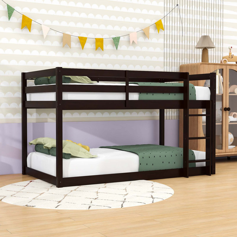 Twin Over Twin Wooden Floor Bunk Bed With Ladder And Guardrails, Espresso