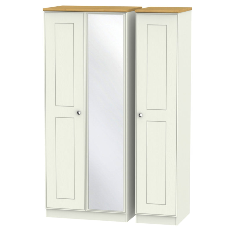 Fully Assembled Hydetown Victoria 3 Door Wardrobe, Cream Painted Wood / Oak Wood Veneer
