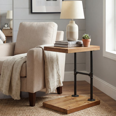 Table de bout en bois massif, table d'appoint en forme de C avec tablette pour le salon, L 19,68 po x l 13,78 po x H 23,62 po