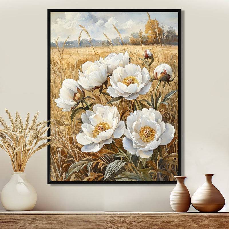 Pe pivoines dans la campagne III - Pivoines, impressions sur toile, Noir, Reproduction avec cadre flottant, H 20 po x l 12 po
