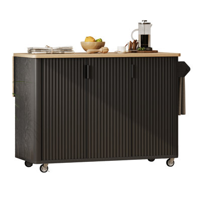 Fluted Kitchen Island, Accent Kitchen Island On Wheels With Drop Leaf And Internal Storage Rack, Rolling Kitchen Cart With Towel Rack For Kitchen, Din by Latitude Run
