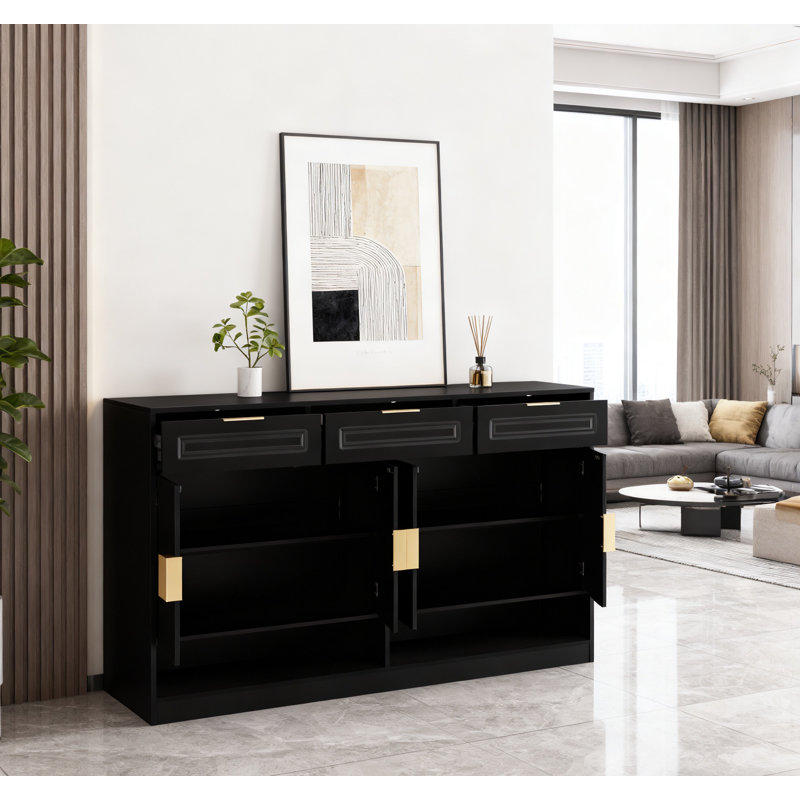 Farmhouse Sideboard With 3 Drawers & 4 Doors,59.1" Multi-Functional Storage Buffet With Adjustable Shelf And Open Storage Compartments, Suitable For Dining Room, Living Room, Entryway,Black