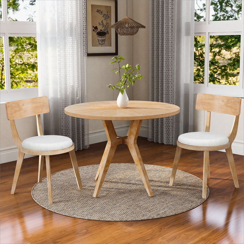 Ensemble de 2 chaises de salle à manger rembourrées modernes, bois d'hévéa, naturel et beige