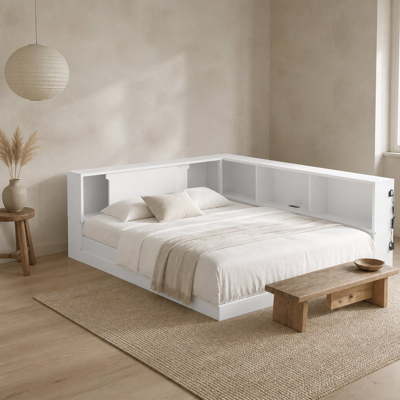 Grand lit de jour en bois avec tablettes de rangement, USB et DEL, blanc, Blanc