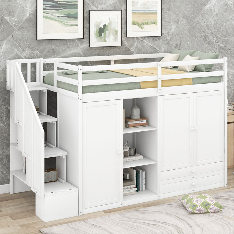 Lit mezzanine fonctionnel avec 3 tablettes, 2 armoires et 2 tiroirs, échelle avec rangement, aucun sommier nécessaire, Blanc