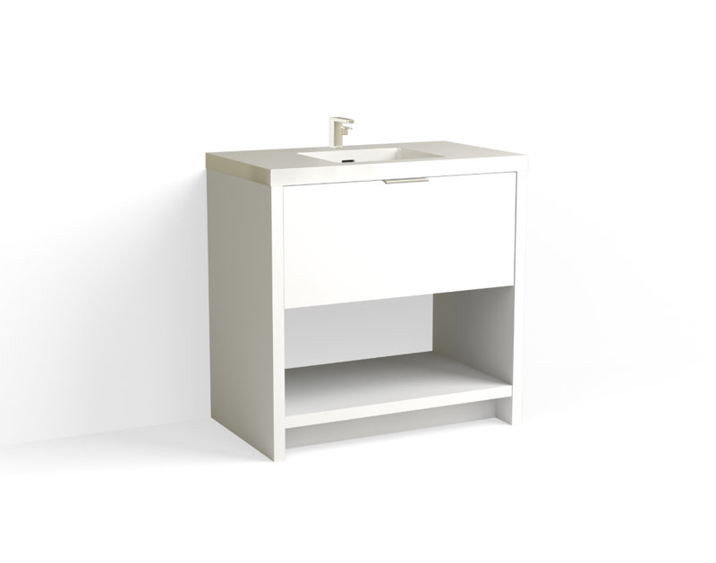 Vista 36" W Freestanding Single Bathroom Vanity, White Gloss, White Nanomatte/Polished Nickel, Single-Hole