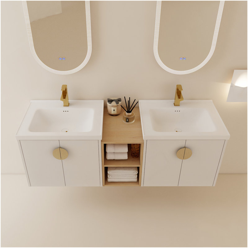 Meuble-lavabo de 60 po avec portes à fermeture en douceur avec lavabo et petites tablettes de rangement., Blanc brillant