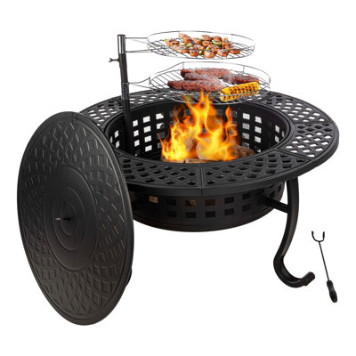 Fire Pit with Grill - 37” Round Fire Table Outdoor Firepit with 2 Grills, Lid, Poker and Cover - Fire Pits for Outside Wood Burning BBQ by Pure Garden 