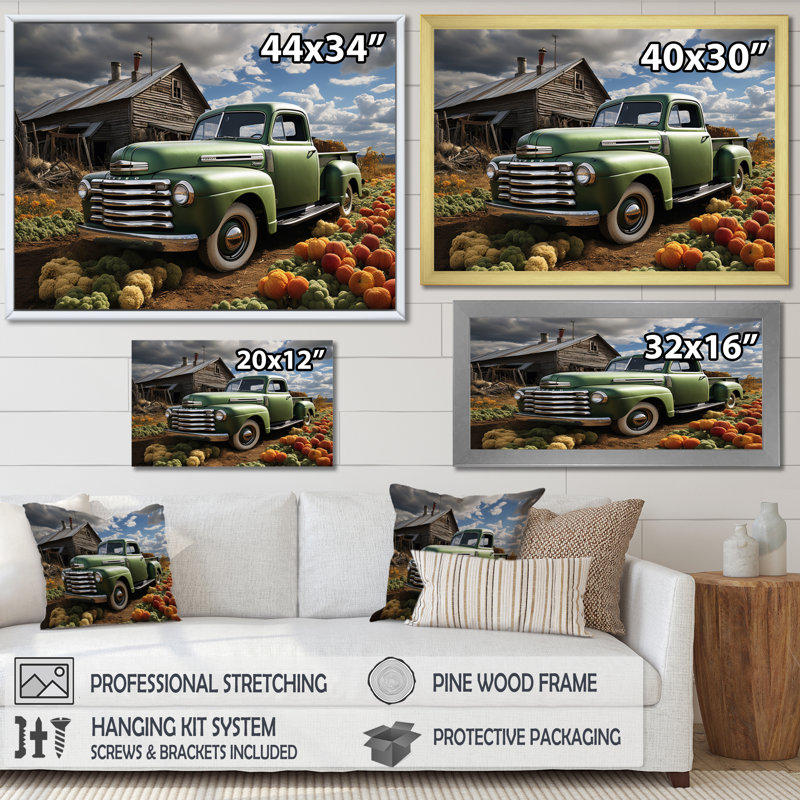 «Pickup Truck Country Charm I», reproduction sur toile, H 24 po x l 32 po x P 1 po, Cadre flottant blanc