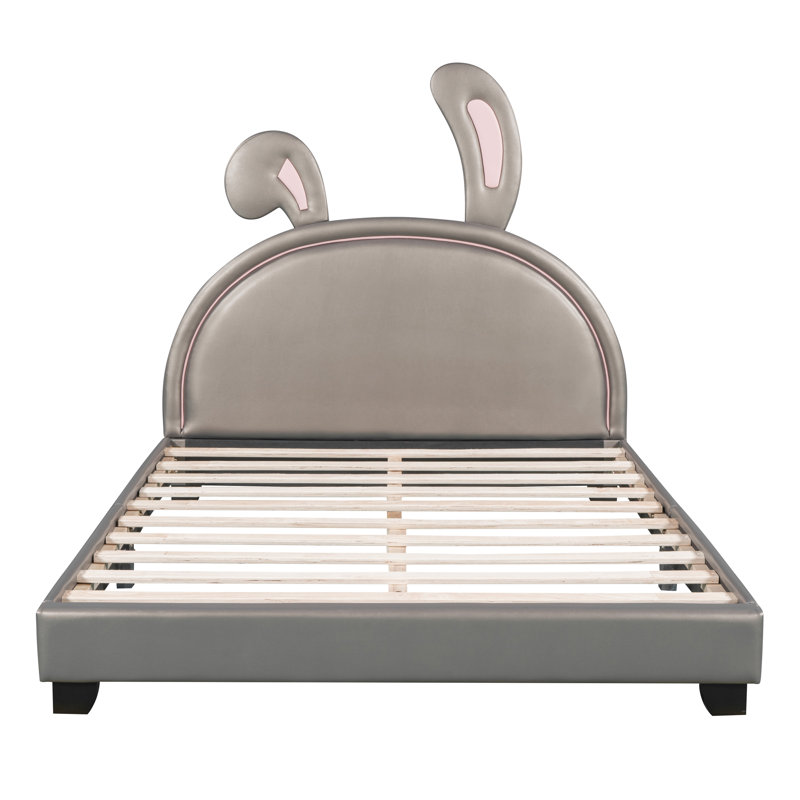 Upholstered Leather Platform Bed With Rabbit Ornament, Full, Silver