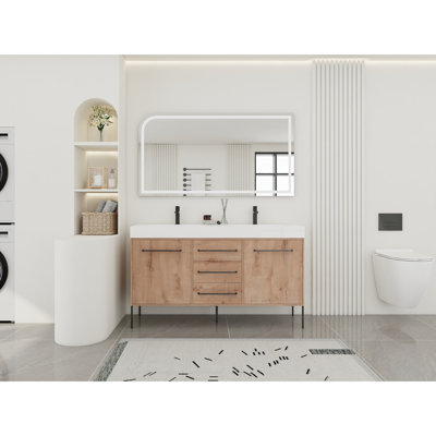 60" Freestanding Vanity For Bathroom With White Double Sink, 2 Soft-Close Doors, 3 Storage Drawers, Timeless Design, Plywood, Scratch & Water-, Modern Look Unit Resin Stainless Steel Hinges,