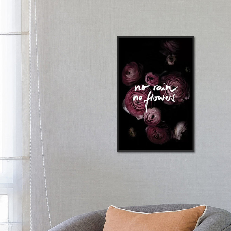 « no rain no florals », impression sur toile, H 26 po x l 18 po x P 1,5 po, Toile avec cadre noir, Pas de tapis