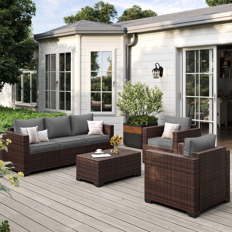 4-Pieces Wide Armrest Outdoor Sectional Rattan Conversation Set with Storage Table., Gray