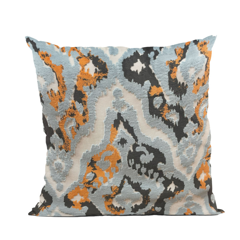 Coussin Plutus Tribal Harmony, Bleu / orange / ikat gris anthracite, Carré, H 20 po x l 20 po