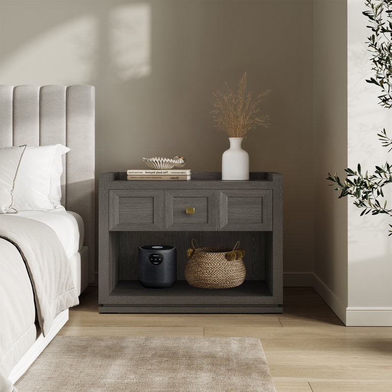 Tables de chevet l 30,7 po Helio avec 1 tiroir et 1 armoire de rangement ouverte, Gris foncé, H 25 po x l 30,7 po x P 15,4 po