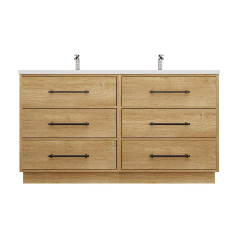 Oak Finish Double Bathroom Vanity with Acrylic Top