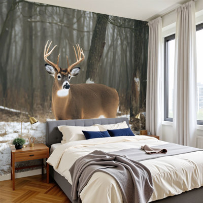 Peel and Stick Wallpaper whitetail deer buck standing snow Wall Murals 100"H x 144"W Removable PVC Wall Paper Self-Adhesive Wall Paintings Art Decor for Bedroom Living Room