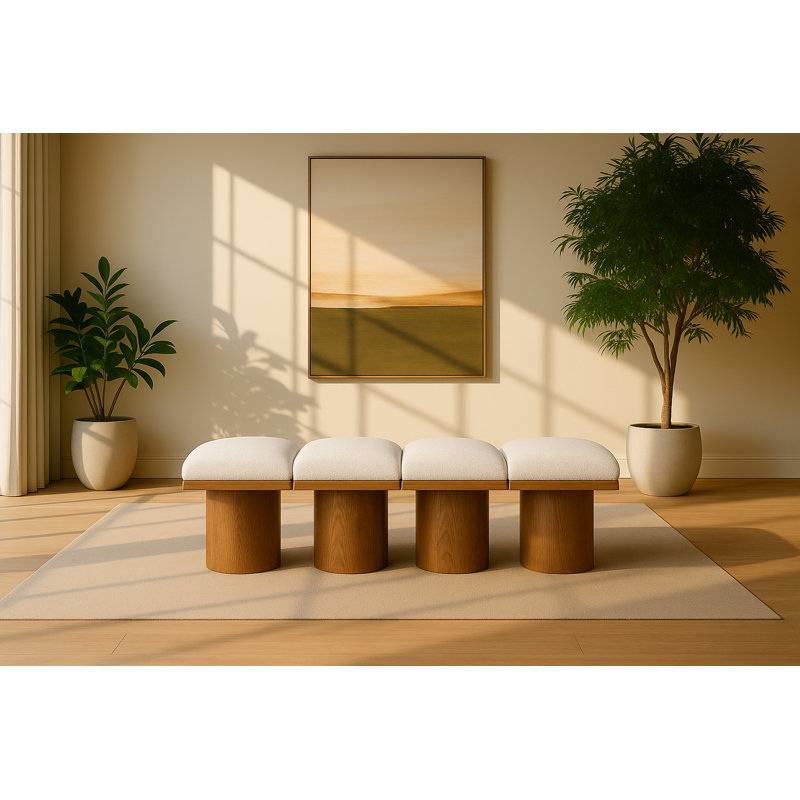 Banc rembourré Horatia, Tissu crème bouclé, H 17,5 po x l 62 po x P 18 po, Noyer brun
