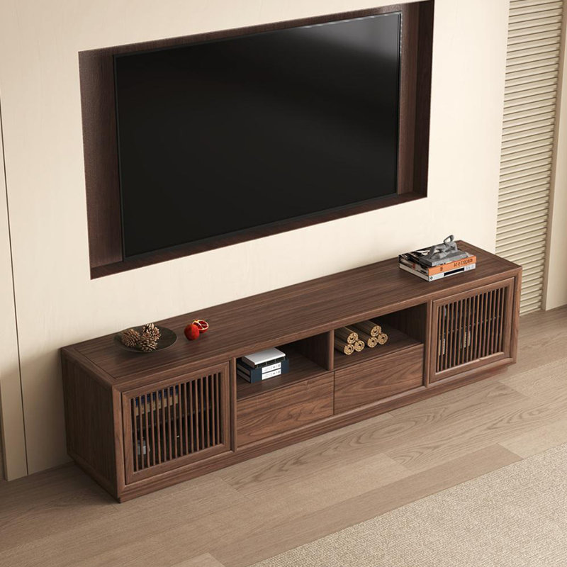Meuble télé en bois d'orme massif avec poignées en bois