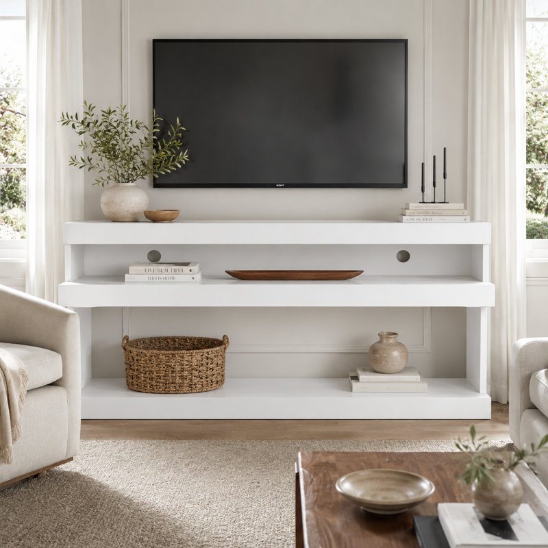 Meuble télé 73 po avec tablettes de rangement ouvertes et gestion des câbles Neda