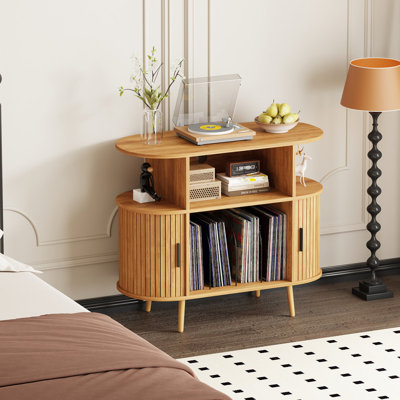 Mid Century Modern Record Player Stand with Storage - Vinyl Record Storage Cabinet & Large Round Media Console Holds 150+ Records, Turntable Stand for Bedroom Living Room