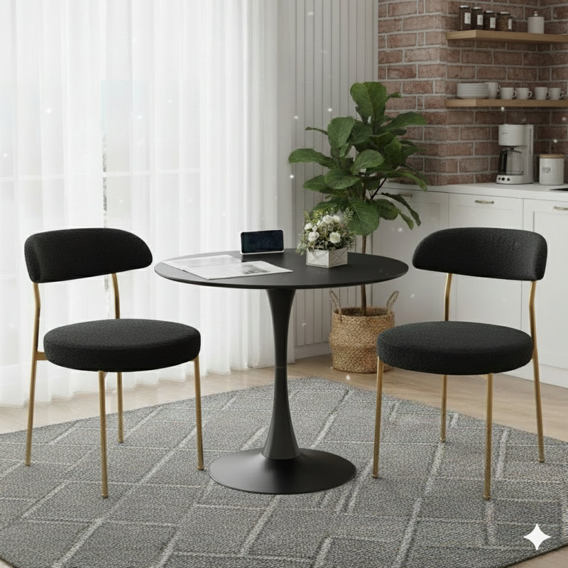 Ensemble de table de salle à manger rond avec 2 chaises, Noir et or, Noir