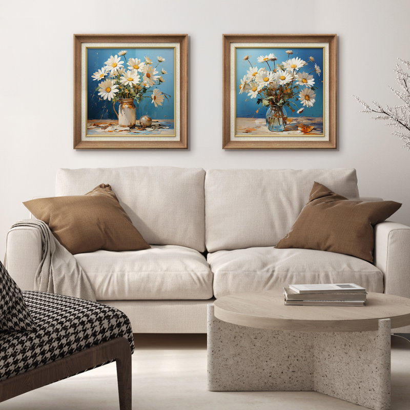 Ensemble de 2 fleurs de marguerite sur fond bleu, 26" H x 26" W, Natural Gallery Frame