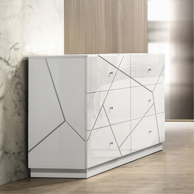 Ultra Modern White Finish Stylish Dresser With 6X Drawers Embossed Lines Design Contemporary Bedroom Furniture 1Pc Metal Knobs