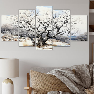 Arbre gris monochromatique sérénade III - Art mural sur toile floral - 5 panneaux